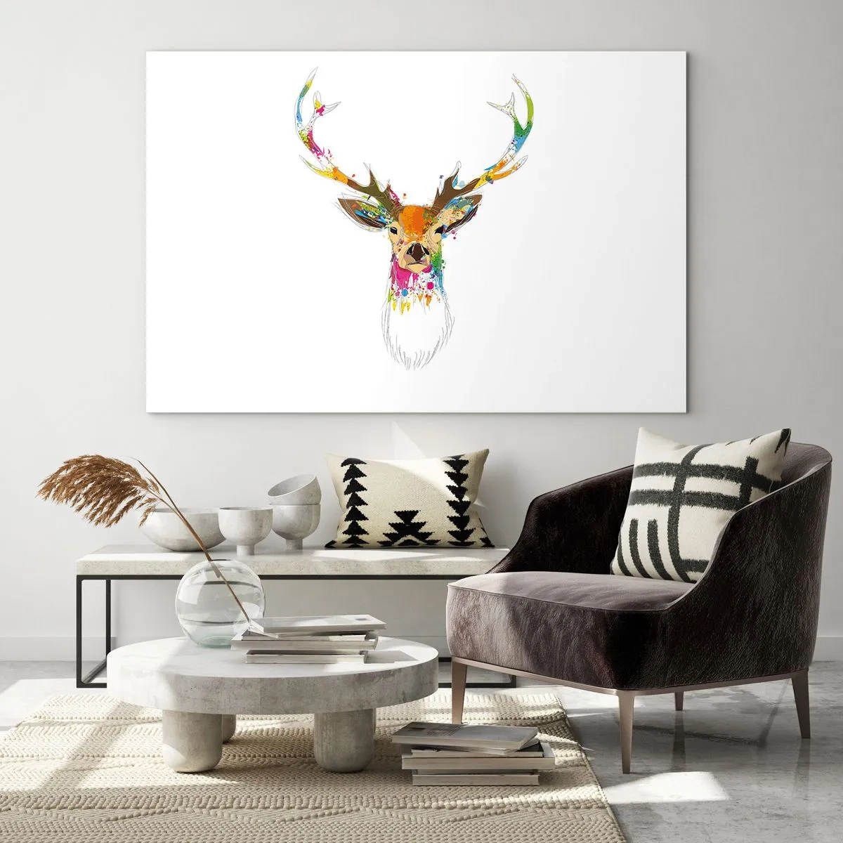 Obraz na szkle - Kolorowa sylwetka jelenia na białym tle w stylu abstrakcyjnym - 70x50cm - Łagodny jelonek skąpany w kolorze - Nowoczesna dekoracja ścienna do salonu i sypialni ARTTOR