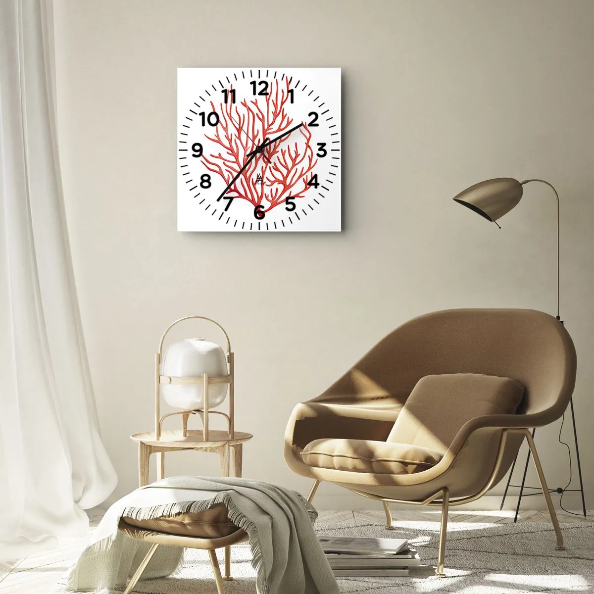 Zegar ścienny - Czerwony koral na białym tle w minimalistycznym stylu - 30x30cm - Koralowy filigran - Nowoczesna dekoracja ścienna do salonu i sypialni ARTTOR