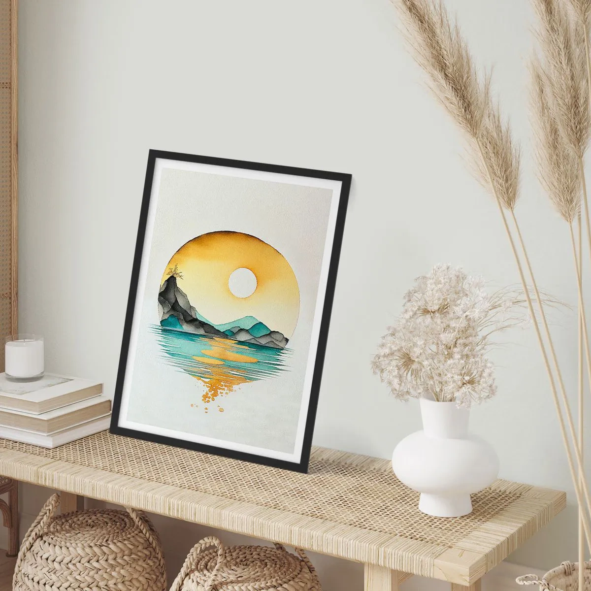 Plakat w czarnej ramie - Minimalistyczny krajobraz gór nad wodą w złotych barwach - 50x70cm - W kręgu piękna - Nowoczesna dekoracja ścienna do salonu i sypialni ARTTOR