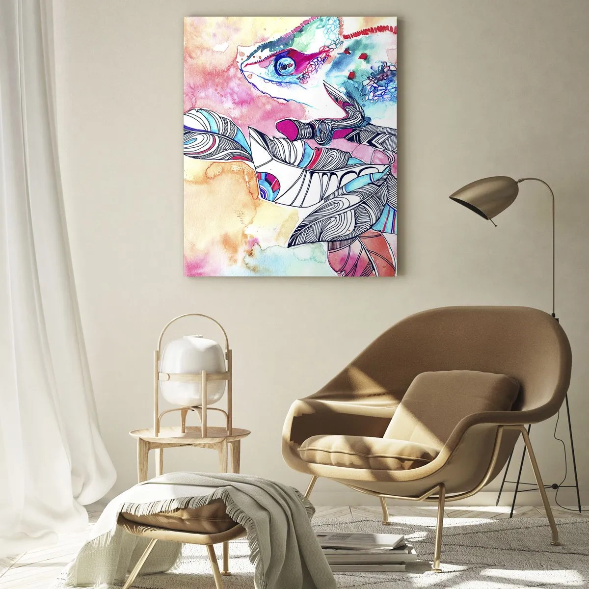 Obraz na szkle - Kolorowy chameleon wśród liści w stylu akwarelowym - 50x70cm - Kolorowy jak nasz świat - Nowoczesna dekoracja ścienna do salonu, kuchni i sypialni ARTTOR