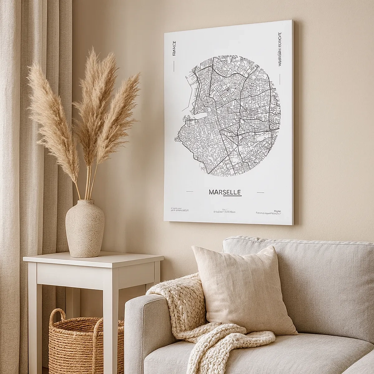 Obraz na płótnie - Mapa miasta Marsylia w minimalistycznym wydaniu - 50x70cm - Anatomia Marsylii - Nowoczesna dekoracja ścienna do salonu, kuchni i sypialni ARTTOR