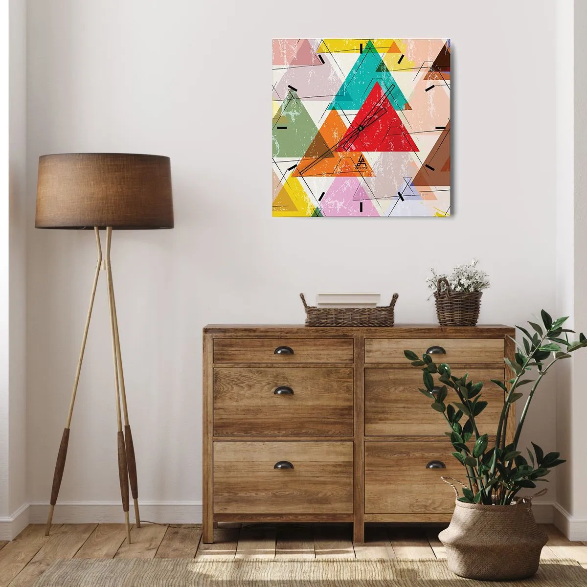 Zegar ścienny - Kolorowa abstrakcja z geometrycznymi trójkątami - 30x30cm - Trzy po trzy - Nowoczesna dekoracja ścienna do salonu i sypialni ARTTOR