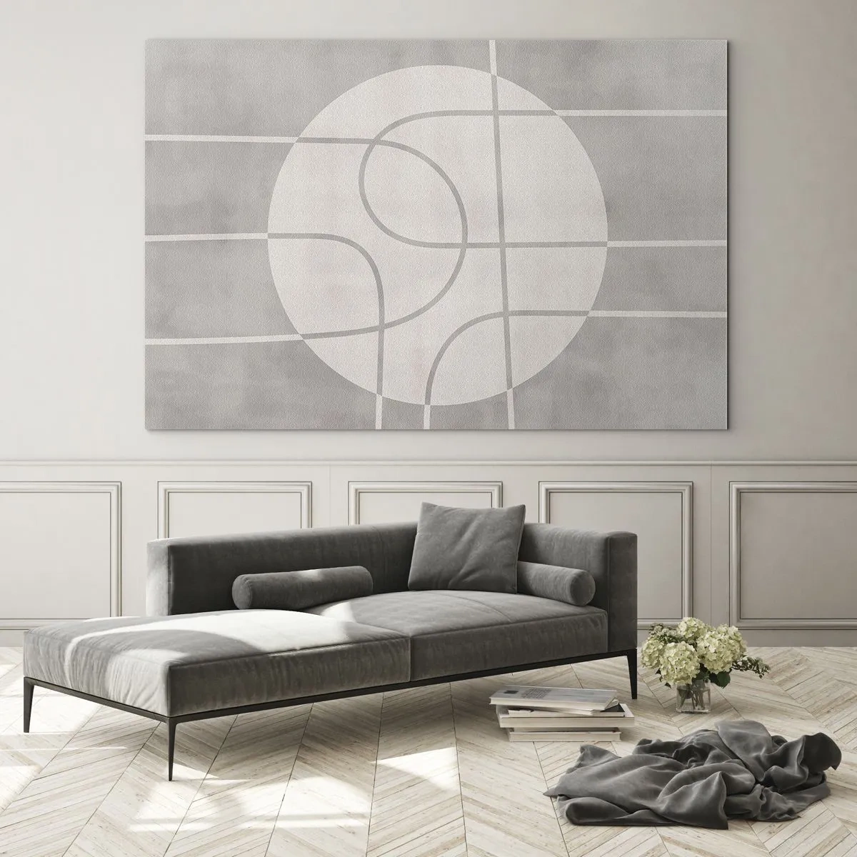 Obraz na szkle - Beżowe linie i okręgi tworzące geometryczną kompozycję - 70x50cm - Koliście i na wprost - Nowoczesna dekoracja ścienna do salonu i sypialni ARTTOR