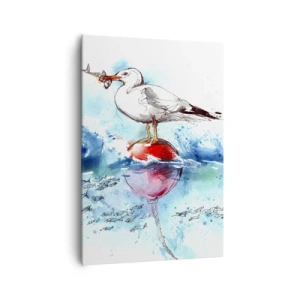 Obraz na płótnie - Mewa na boi z rybami w tle w akwarelowym stylu - 70x100cm - Udany połów - Nowoczesna dekoracja ścienna do salonu i sypialni ARTTOR