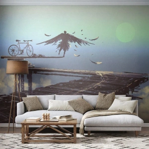 Fototapeta Premium Sand - Postać z czarnymi skrzydłami na końcu drewnianego mostu - 100x70cm - Ikar wiecznie żywy - Nowoczesna dekoracja ścienna do salonu, kuchni i sypialni ARTTOR