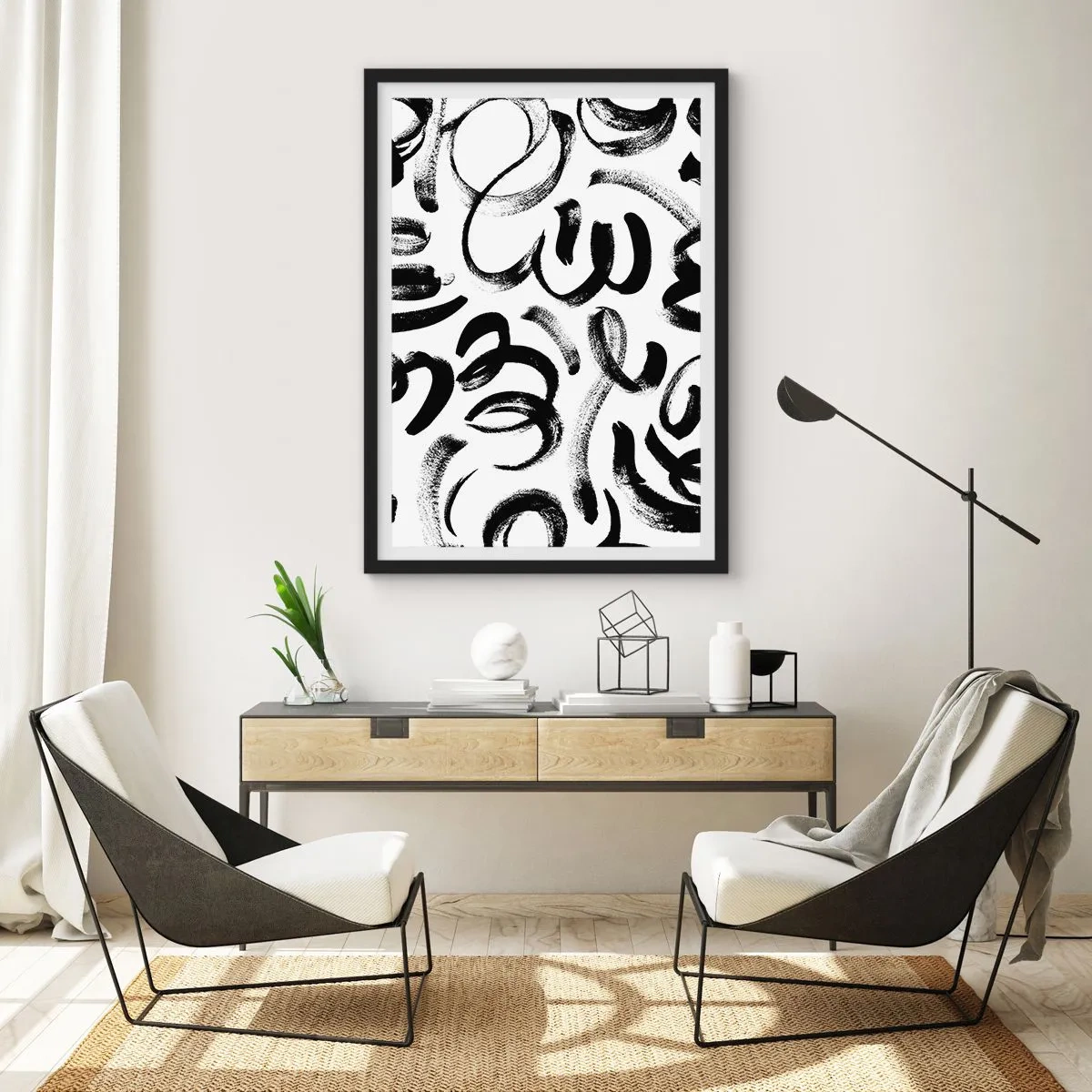 Plakat w czarnej ramie - Abstrakcyjne czarne pociągnięcia pędzlem na białym tle - 50x70cm - Czarno na białym - Nowoczesna dekoracja ścienna do salonu i sypialni ARTTOR