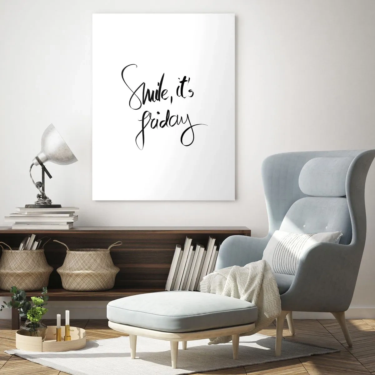 Obraz na szkle - Cytat Smile it's Friday w kaligrafii - 50x70cm - Prawdziwa radość - Nowoczesna dekoracja ścienna do salonu, kuchni i sypialni ARTTOR
