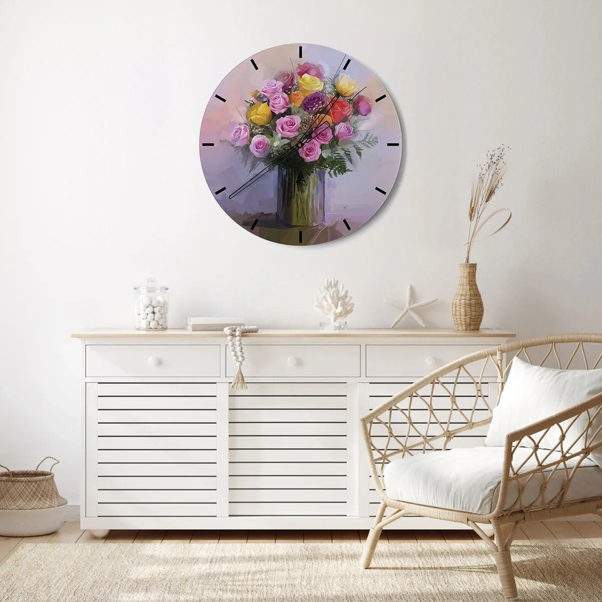 Zegar ścienny - Bukiet róż w kolorowym wazonie na pastelowym tle - 30x30cm - Zatrzymane piękno - Nowoczesna dekoracja ścienna do salonu, kuchni i sypialni ARTTOR