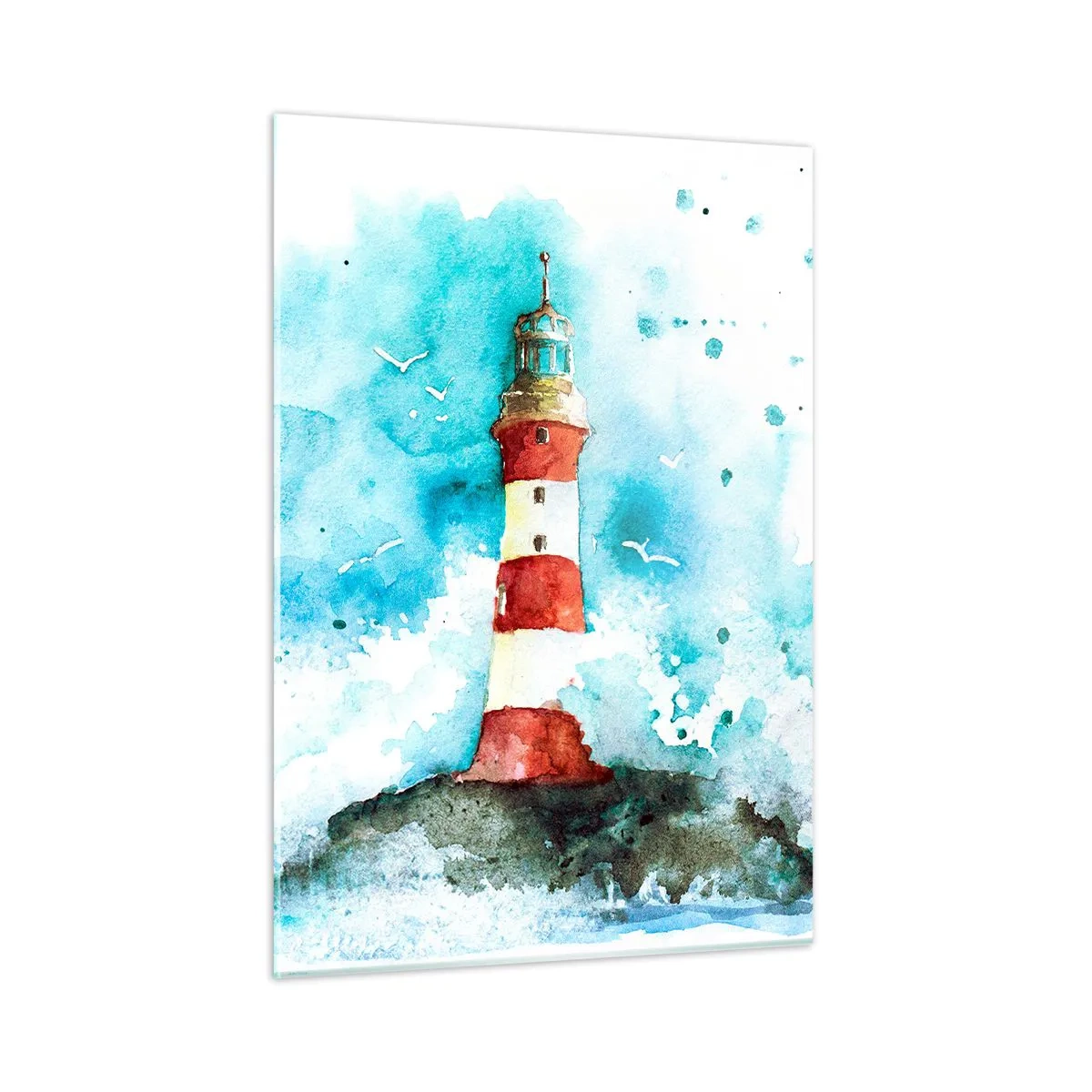 Obraz na szkle - Latarnia morska otoczona morskimi falami w akwarelowym stylu - 50x70cm - Jedność żywiołów - Nowoczesna dekoracja ścienna do salonu, kuchni i sypialni ARTTOR