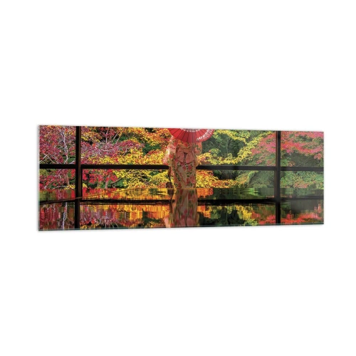 Obraz na szkle - Kobieta w kimonie z parasolem na tle jesiennego krajobrazu - 160x50cm - W świątyni natury - Nowoczesna dekoracja ścienna do salonu i sypialni ARTTOR