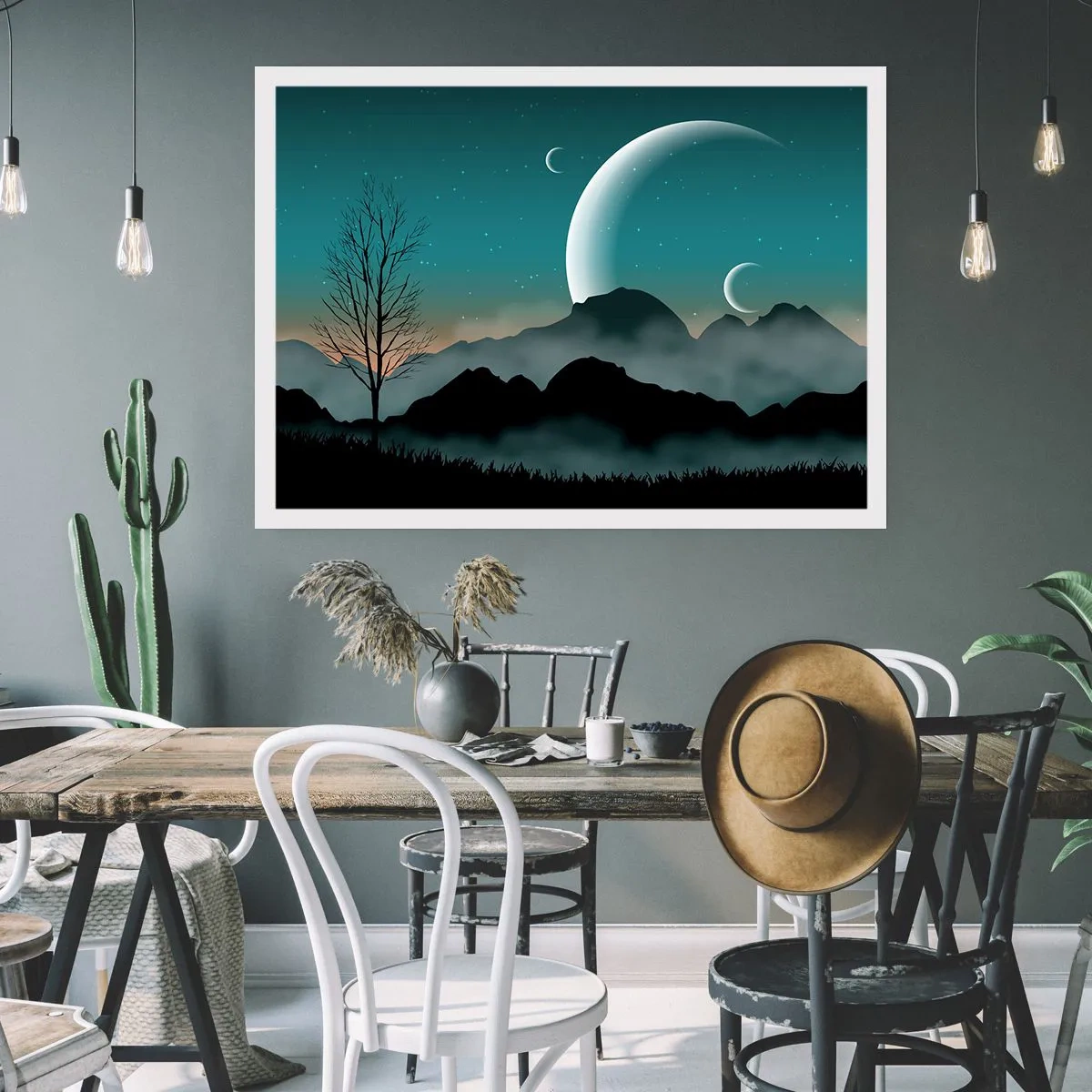 Plakat - Mgliste góry z księżycem i samotnym drzewem - 100x70cm - Karnawał gwiaździstej nocy - Nowoczesna dekoracja ścienna do salonu i sypialni ARTTOR
