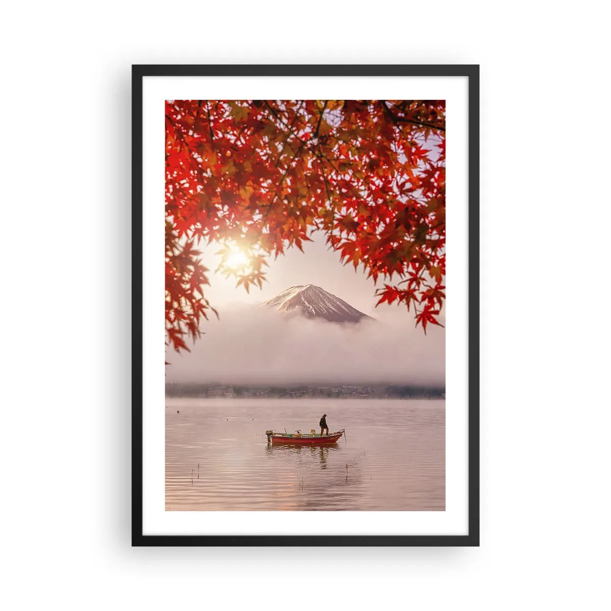 Plakat w czarnej ramie - Góra Fuji z łodzią na jeziorze i jesiennymi liśćmi - 50x70cm - W japońskim klimacie - Nowoczesna dekoracja ścienna do salonu i sypialni ARTTOR