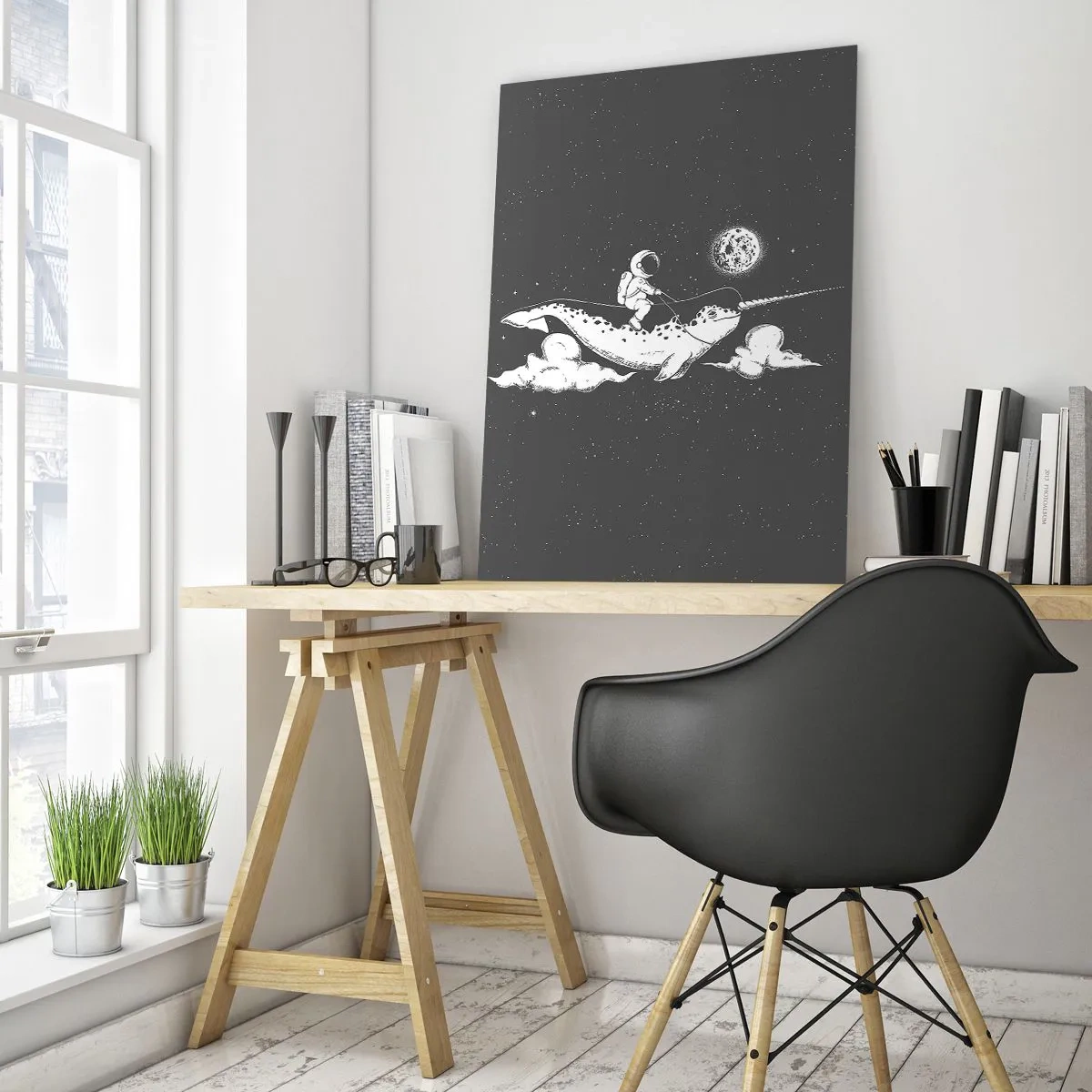 Obraz na szkle - Astronauta lecący na narwalu w kosmicznej scenerii - 50x70cm - Kosmiczny jeździec - Nowoczesna dekoracja ścienna do salonu, kuchni i sypialni ARTTOR