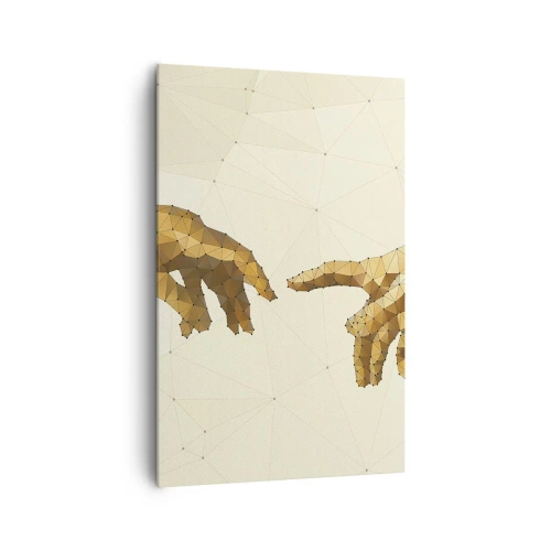 Obraz na płótnie - Geometryczne dłonie wyciągające się ku sobie na jasnym tle - 80x120cm - Boska geometria - Nowoczesna dekoracja ścienna do salonu i sypialni ARTTOR