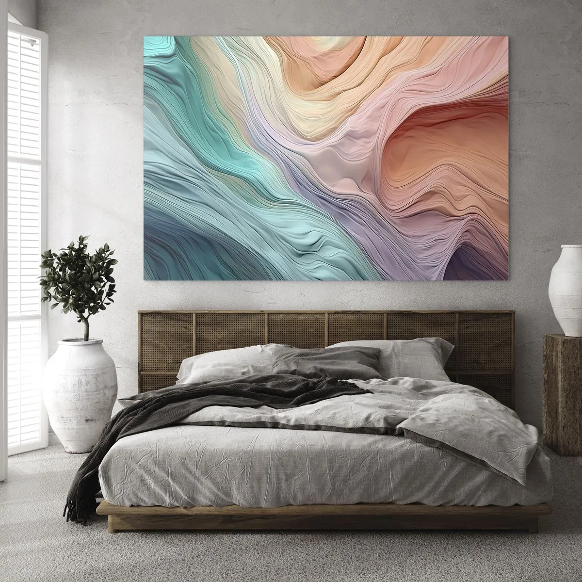 Obraz na szkle - Kolorowa abstrakcja przypominająca fale i skały - 70x50cm - Tęczowa fala - Nowoczesna dekoracja ścienna do salonu i sypialni ARTTOR