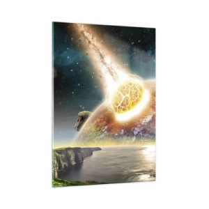 Obraz na szkle - Zderzenie meteorytu z planetą w kosmosie - 50x70cm - Kosmiczny dramat - Nowoczesna dekoracja ścienna do salonu, kuchni i sypialni ARTTOR