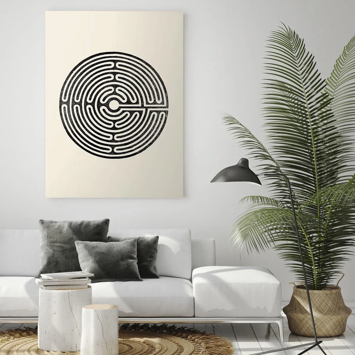 Obraz na szkle - Czarno-biały okrągły labirynt na jasnym tle - 80x120cm - Tajemniczy porządek - Nowoczesna dekoracja ścienna do salonu i sypialni ARTTOR