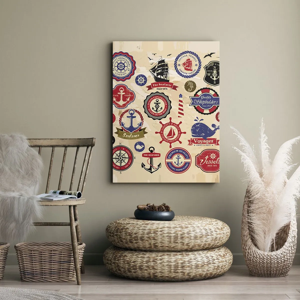 Obraz na płótnie - Kolekcja marynistycznych grafik i symboli na jasnym tle - 70x100cm - Żeglarskie braterstwo - Nowoczesna dekoracja ścienna do salonu i sypialni ARTTOR