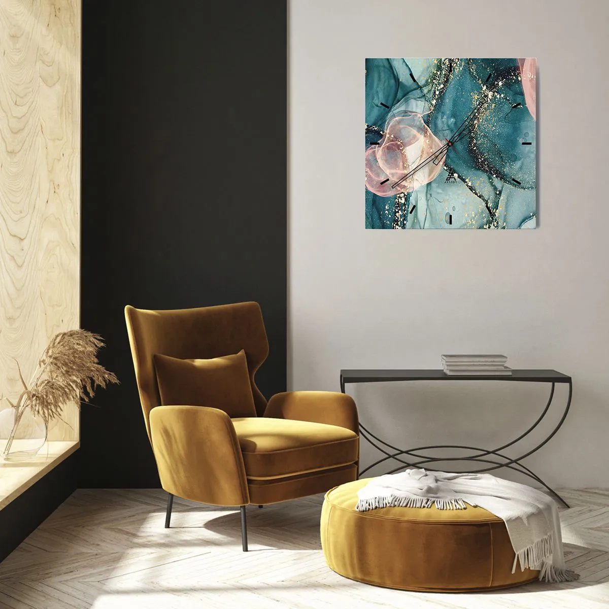 Zegar ścienny - Jedwabny błękit, tiulowy róż - 40x40 cm