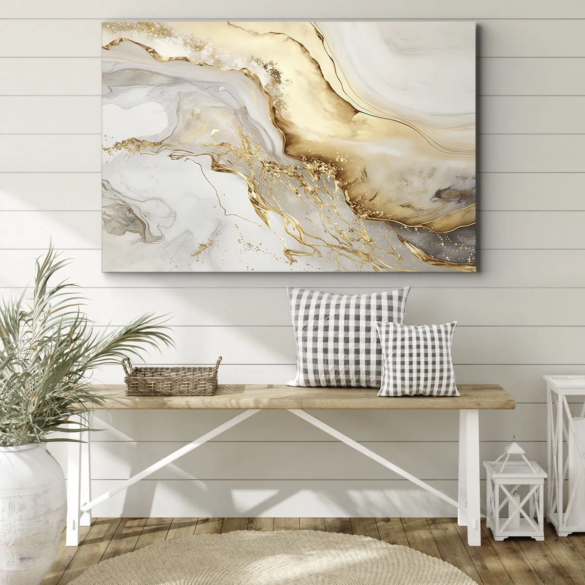 Obraz na płótnie - Złote i marmurowe abstrakcyjne wzory na jasnym tle - 70x50cm - Abstrakcja: piękno i dobro - Nowoczesna dekoracja ścienna do salonu i sypialni ARTTOR