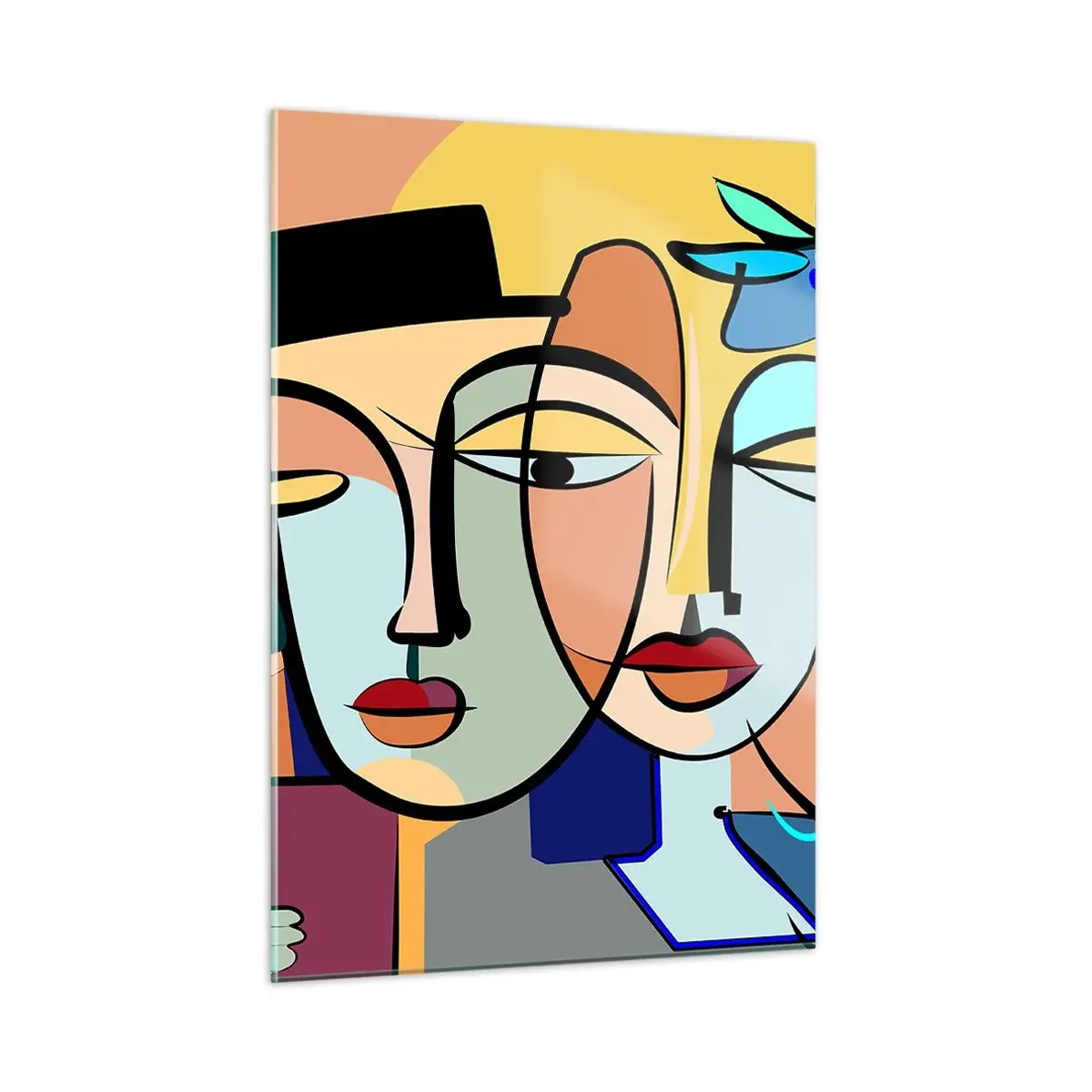 Obraz na szkle - Kolorowe twarze w stylu kubistycznym z kwiatami - 50x70cm - Picassowskie randez vous - Nowoczesna dekoracja ścienna do salonu, kuchni i sypialni ARTTOR