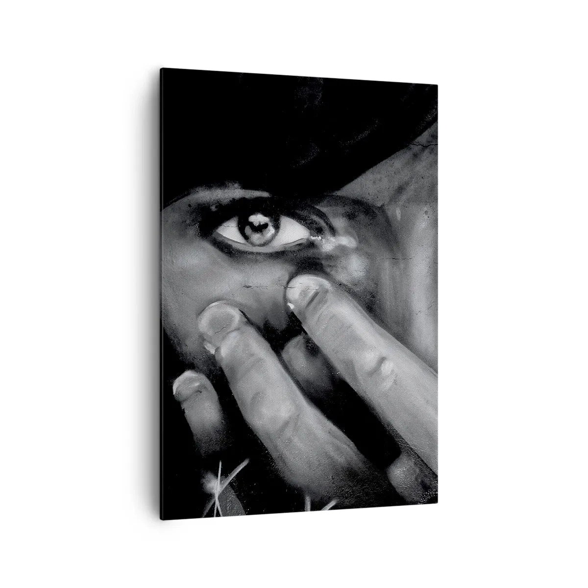 Obraz na płótnie - Czarno-biały portret kobiety zakrywającej twarz dłońmi - 70x100cm - Nie powiem, kto namalował - Nowoczesna dekoracja ścienna do salonu i sypialni ARTTOR