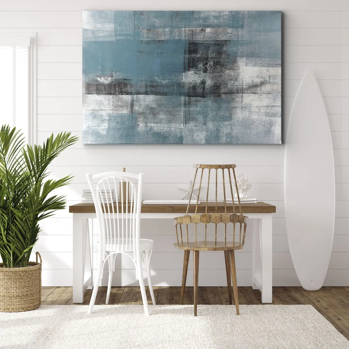 Obraz na płótnie - Abstrakcyjna kompozycja w odcieniach błękitu z teksturą i warstwami - 70x50cm - Woda i powietrze - Nowoczesna dekoracja ścienna do salonu i sypialni ARTTOR