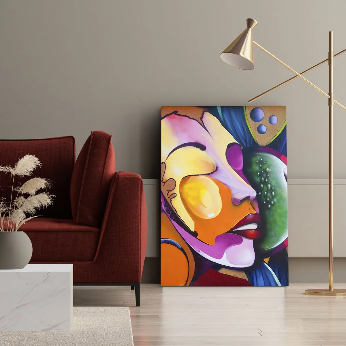 Obraz na płótnie - Kolorowa abstrakcja z motywem twarzy w dynamicznej kompozycji - 70x100cm - Dotknąć kolorem - Nowoczesna dekoracja ścienna do salonu i sypialni ARTTOR