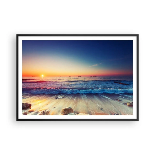 Plakat w czarnej ramie - Zachód słońca nad spokojnym morzem z falami - 100x70cm - A co za horyzontem? - Nowoczesna dekoracja ścienna do salonu i sypialni ARTTOR