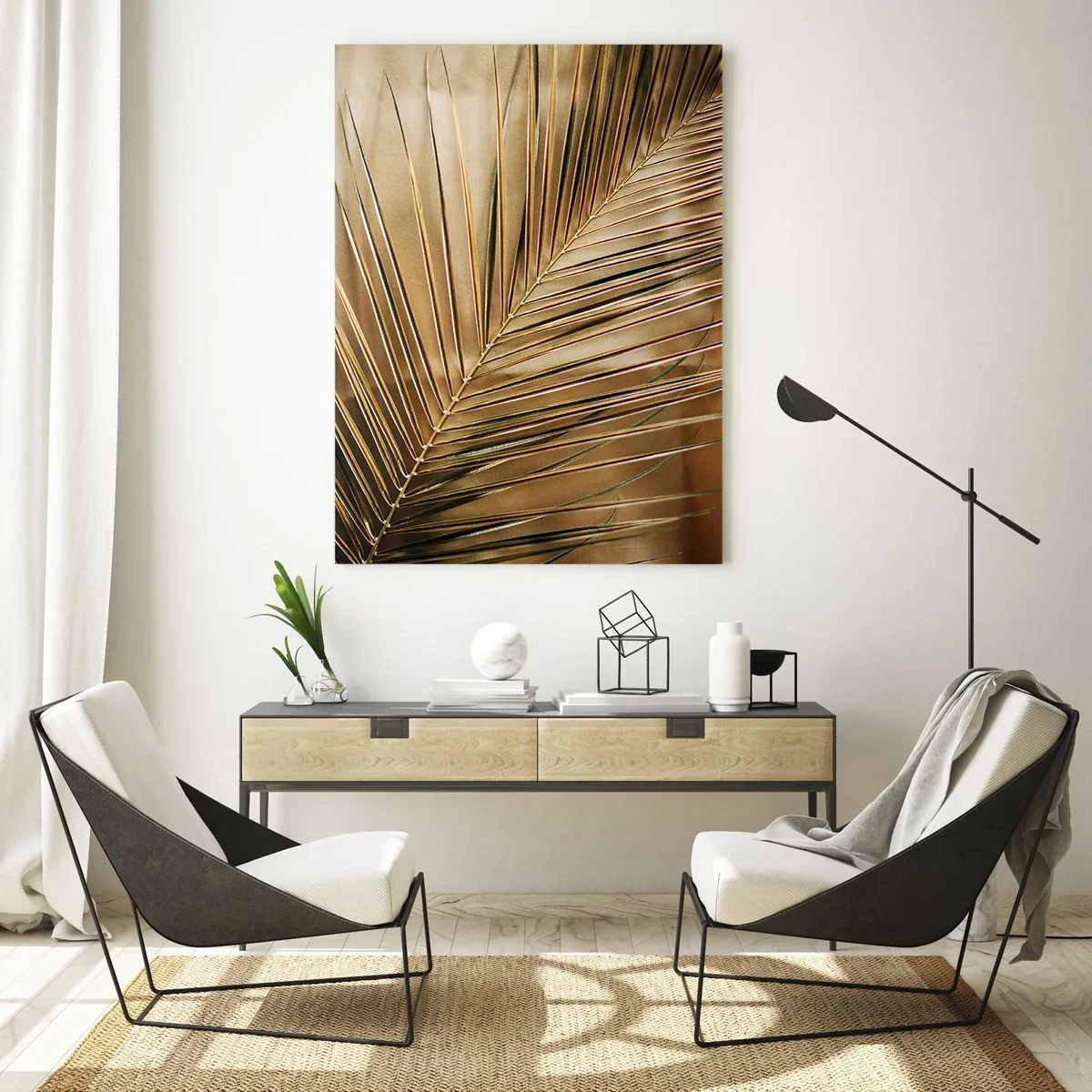 Obraz na szkle - Zbliżenie na liść palmy w złocisto-brązowej tonacji - 50x70cm - Naturalna kolumnada - Nowoczesna dekoracja ścienna do salonu, kuchni i sypialni ARTTOR