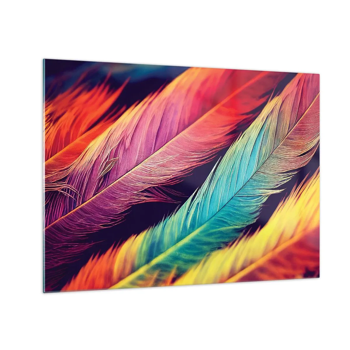 Obraz na szkle - Kolorowe pióra w intensywnych odcieniach tęczy - 70x50cm - Pierzasta tęcza - Nowoczesna dekoracja ścienna do salonu i sypialni ARTTOR