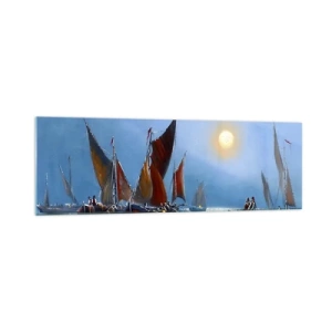 Obraz na szkle - Łodzie z żaglami na spokojnej wodzie przy zachodzie słońca - 160x50cm - Nocny połów - Nowoczesna dekoracja ścienna do salonu i sypialni ARTTOR