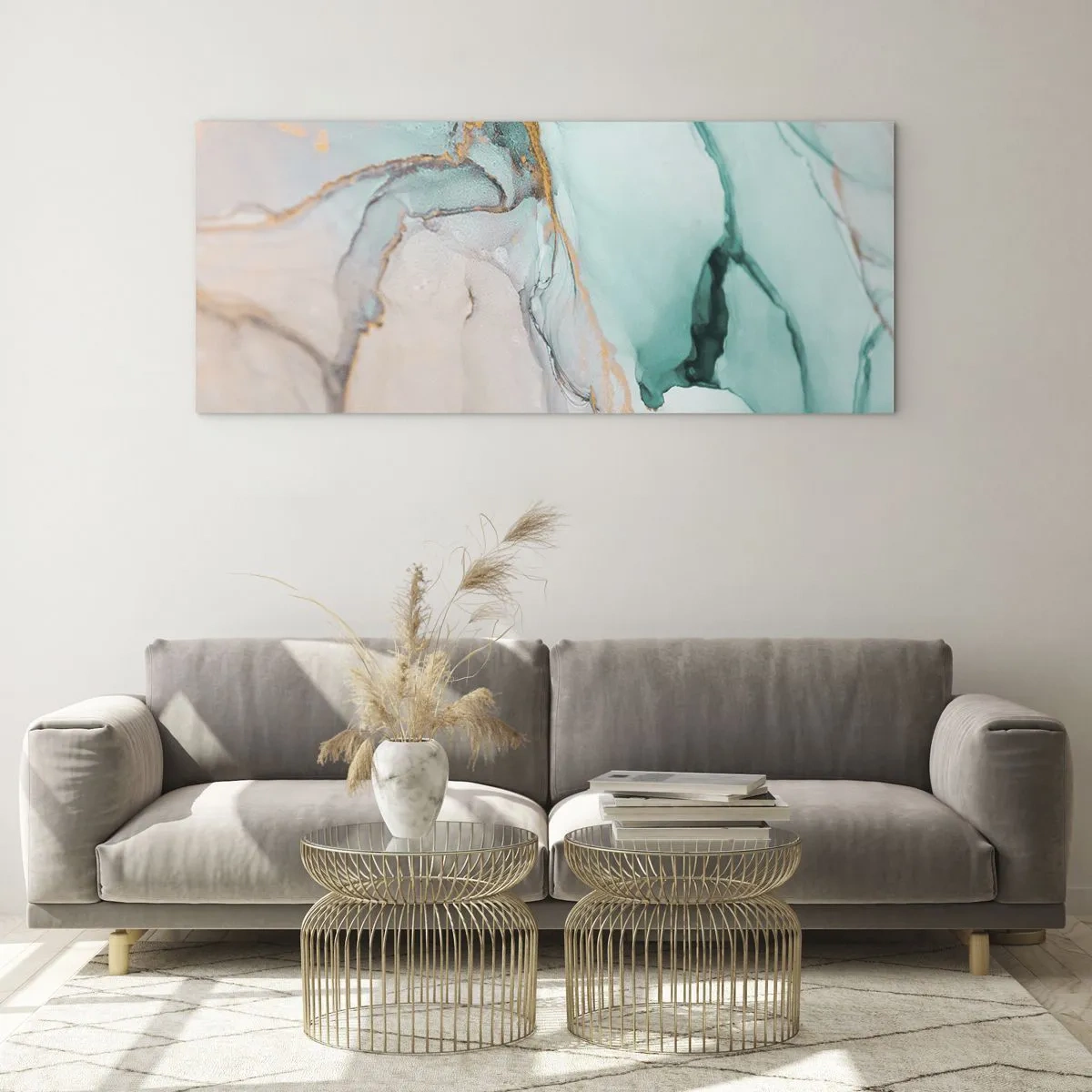 Obraz na szkle - Abstrakcyjna kompozycja w odcieniach turkusu i złota - 120x50cm - Taniec kształtów i barw - Nowoczesna dekoracja ścienna do salonu i sypialni ARTTOR