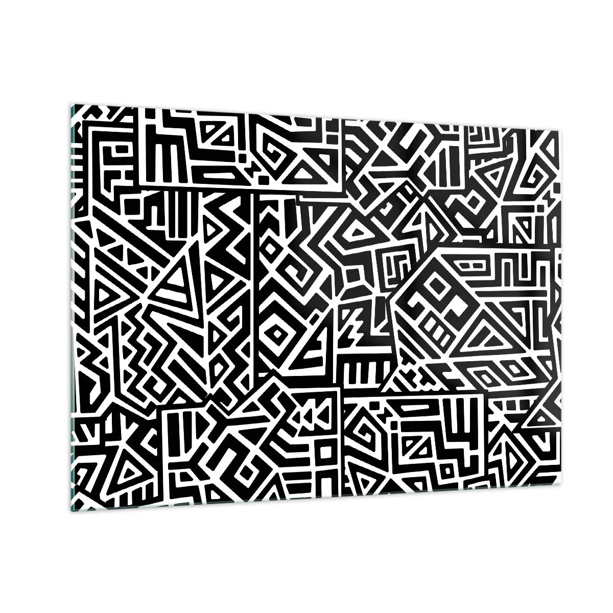 Obraz na szkle - Czarno-biały wzór inspirowany sztuką plemienną - 100x70cm - Kompozycja prekolumbijska - Nowoczesna dekoracja ścienna do salonu, kuchni i sypialni ARTTOR
