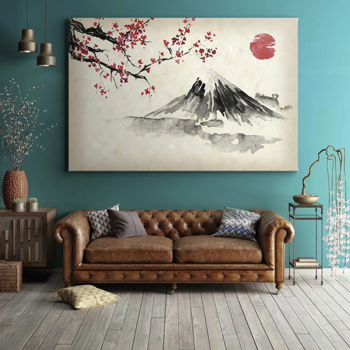 Obraz na płótnie - Malowniczy krajobraz z górą, kwitnącą wiśnią i słońcem - 70x50cm - Pokochaj Japonię - Nowoczesna dekoracja ścienna do salonu i sypialni ARTTOR