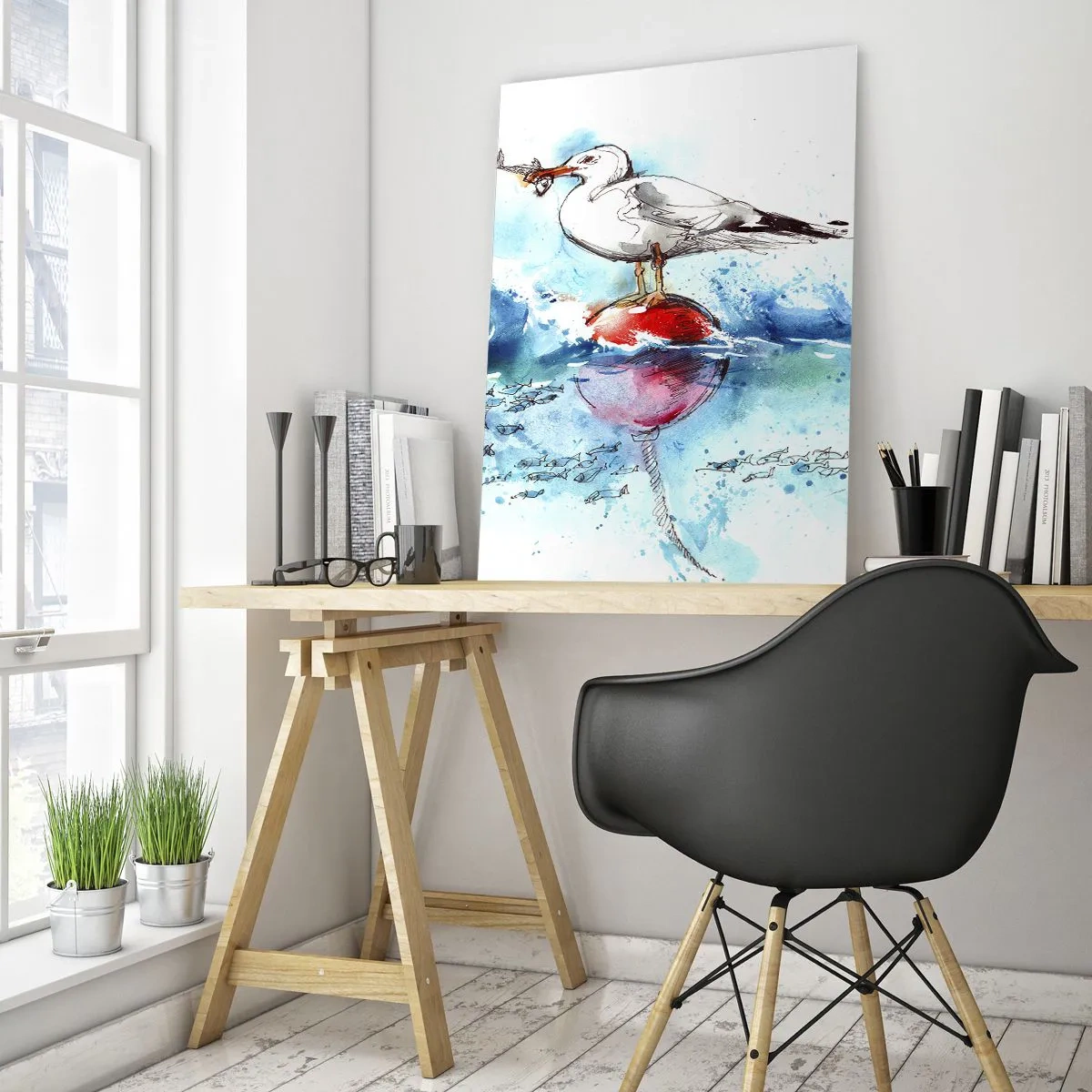 Obraz na szkle - Mewa na boi z rybą w tle fal morskich - 50x70cm - Udany połów - Nowoczesna dekoracja ścienna do salonu, kuchni i sypialni ARTTOR