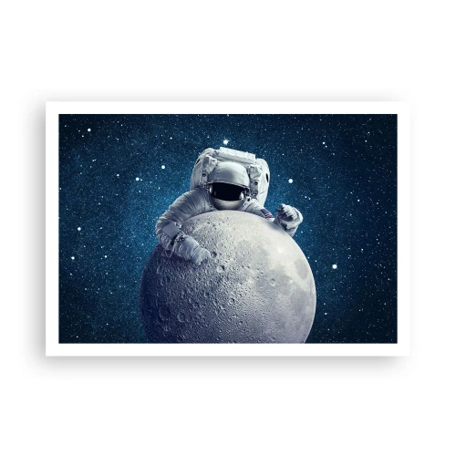 Plakat - Astronauta trzymający księżyc na tle rozgwieżdżonego nieba - 100x70cm - Kosmiczny żartowniś - Nowoczesna dekoracja ścienna do salonu i sypialni ARTTOR