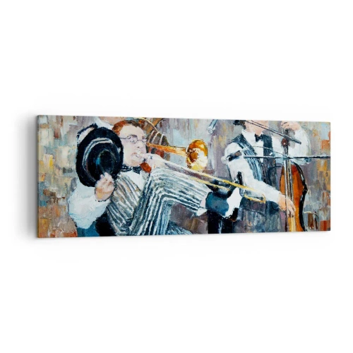 Obraz na płótnie - Muzycy jazzowi w stylu malarskim podczas koncertu - 140x50cm - Cały ten jazz - Nowoczesna dekoracja ścienna do salonu i sypialni ARTTOR