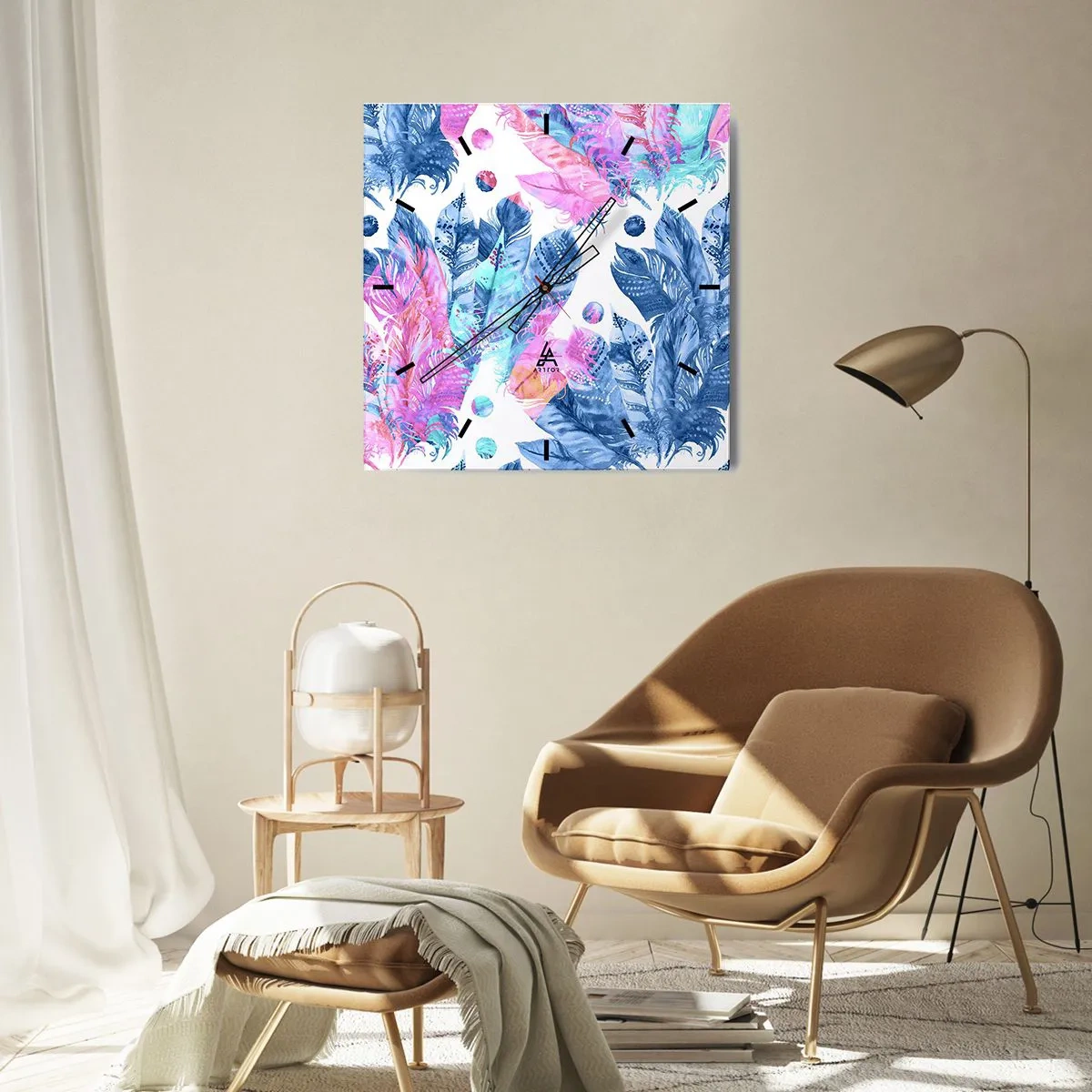 Zegar ścienny - Abstrakcyjny wzór z kolorowymi piórami w pastelowych odcieniach - 30x30cm - Pióropusze w różu i błękicie - Nowoczesna dekoracja ścienna do salonu i sypialni ARTTOR