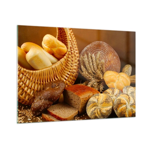Obraz na szkle - Kosz z pieczywem i bochenki na tle kłosów zboża - 100x70cm - Znowu się nam upiekło - Nowoczesna dekoracja ścienna do salonu, kuchni i sypialni ARTTOR