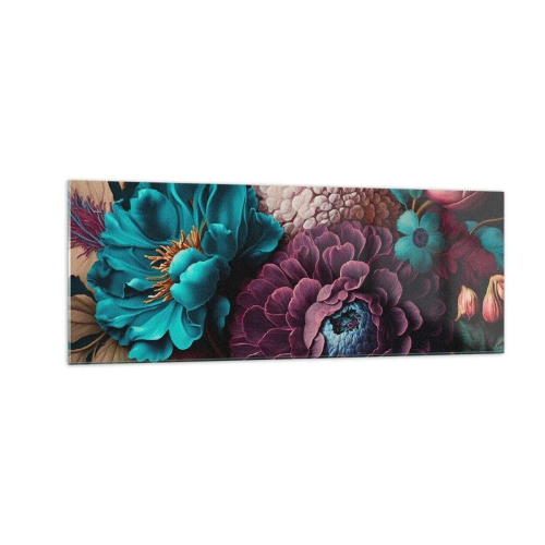 Obraz na szkle - Bukiet kwiatów w intensywnych kolorach na ciemnym tle - 140x50cm - Natura na bogato - Nowoczesna dekoracja ścienna do salonu i sypialni ARTTOR