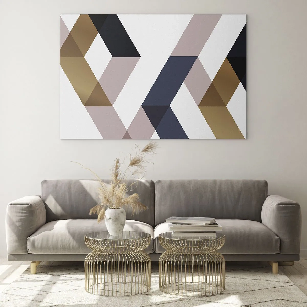 Obraz na szkle - Geometryczny wzór w złotych i beżowych odcieniach - 70x50cm - Płaszczyzny i kąty - Nowoczesna dekoracja ścienna do salonu i sypialni ARTTOR