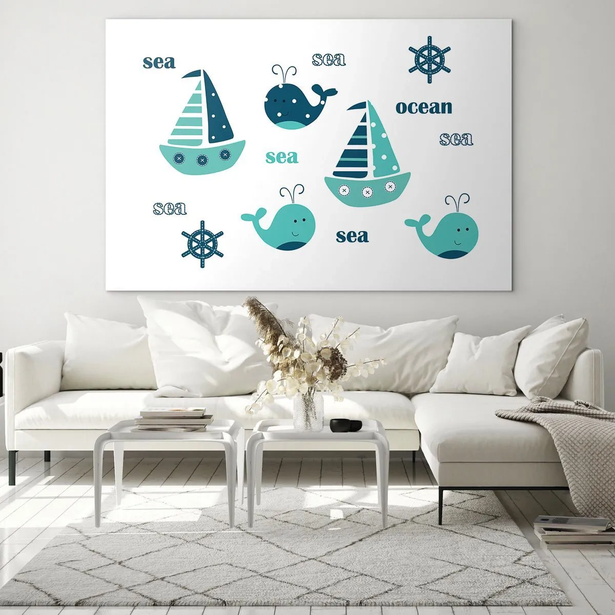 Obraz na szkle - Morski motyw z żaglówkami i wielorybami - 70x50cm - Przez morza i oceany - Nowoczesna dekoracja ścienna do salonu i sypialni ARTTOR