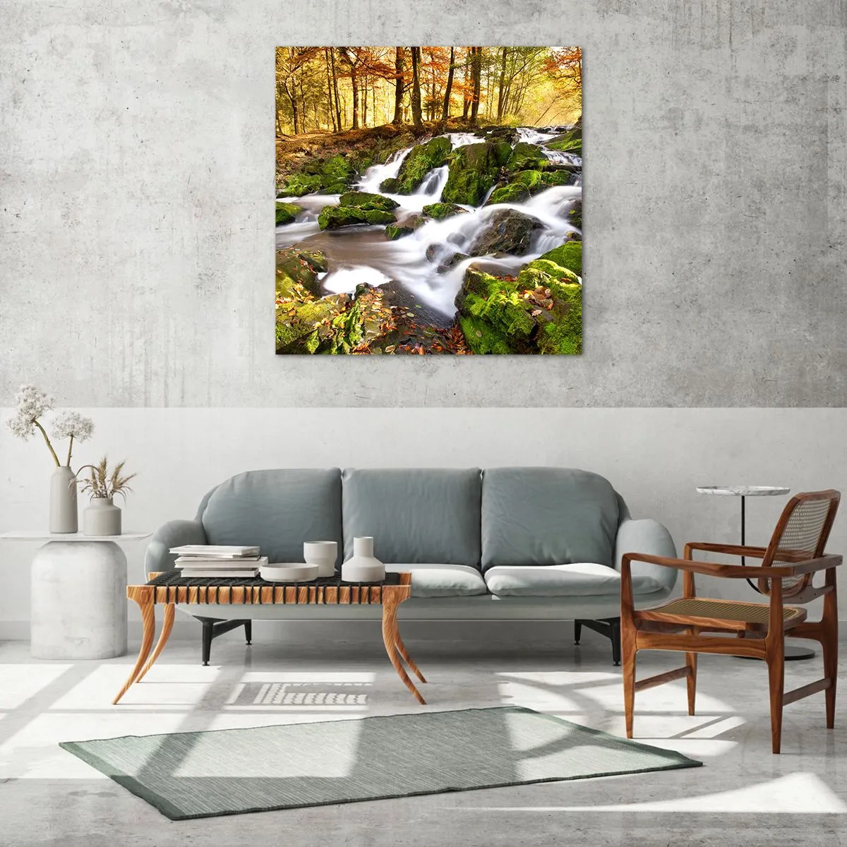 Obraz na szkle - Bystro przez jesienny las - 50x50 cm