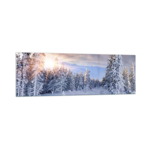 Obraz na szkle - Zimowy krajobraz z ośnieżonym lasem o zachodzie słońca - 160x50cm - Snieżny spektakl natury - Nowoczesna dekoracja ścienna do salonu i sypialni ARTTOR