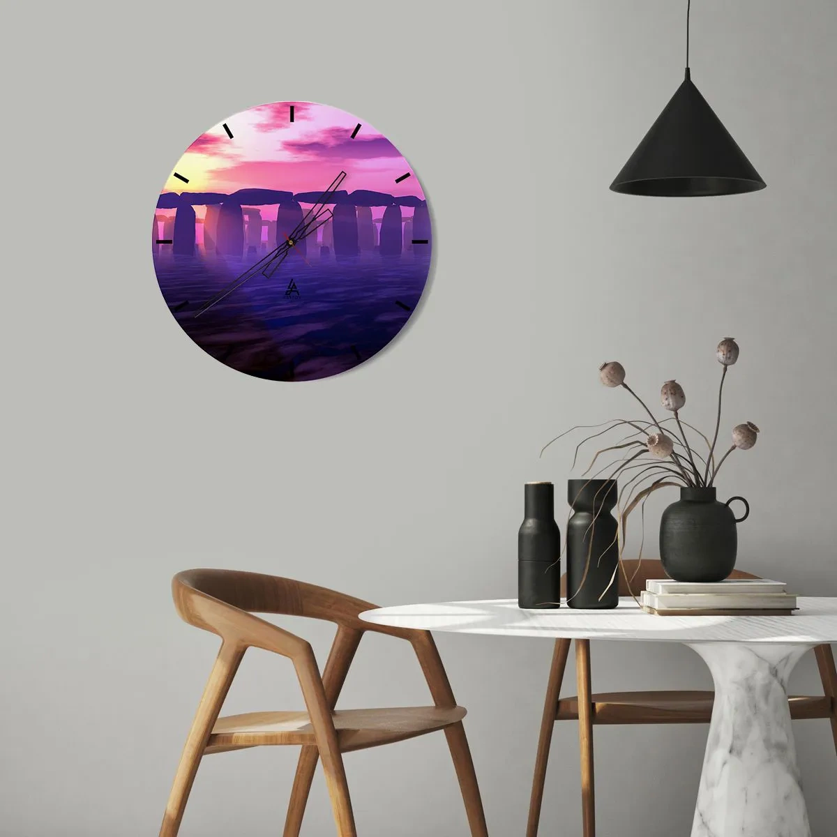 Zegar ścienny - Kamienny krąg w świetle zachodzącego słońca - 30x30cm - Tajemnica o świcie we mgle - Nowoczesna dekoracja ścienna do salonu, kuchni i sypialni ARTTOR