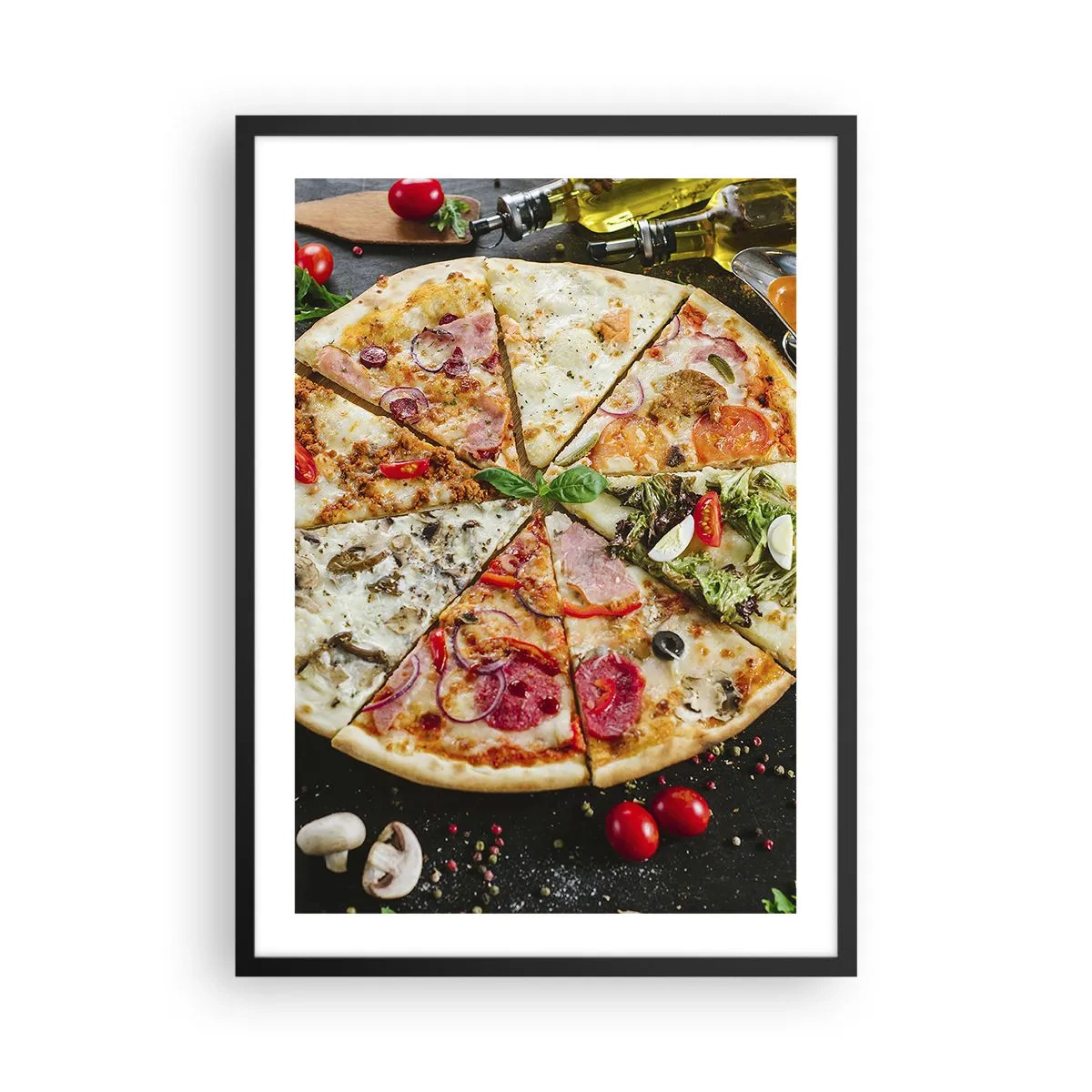 Plakat w czarnej ramie - Kolorowa pizza podzielona na różnorodne kawałki - 50x70cm - Wachlarz smaków - Nowoczesna dekoracja ścienna do salonu i sypialni ARTTOR