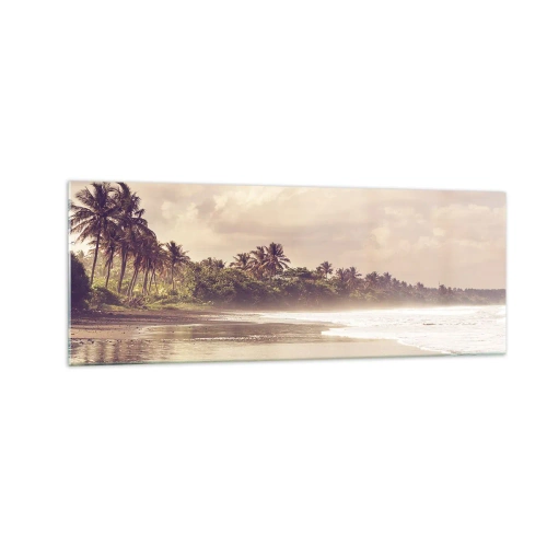 Obraz na szkle - Plaża z palmami i delikatnymi falami o poranku - 140x50cm - Pieszczota fal - Nowoczesna dekoracja ścienna do salonu i sypialni ARTTOR