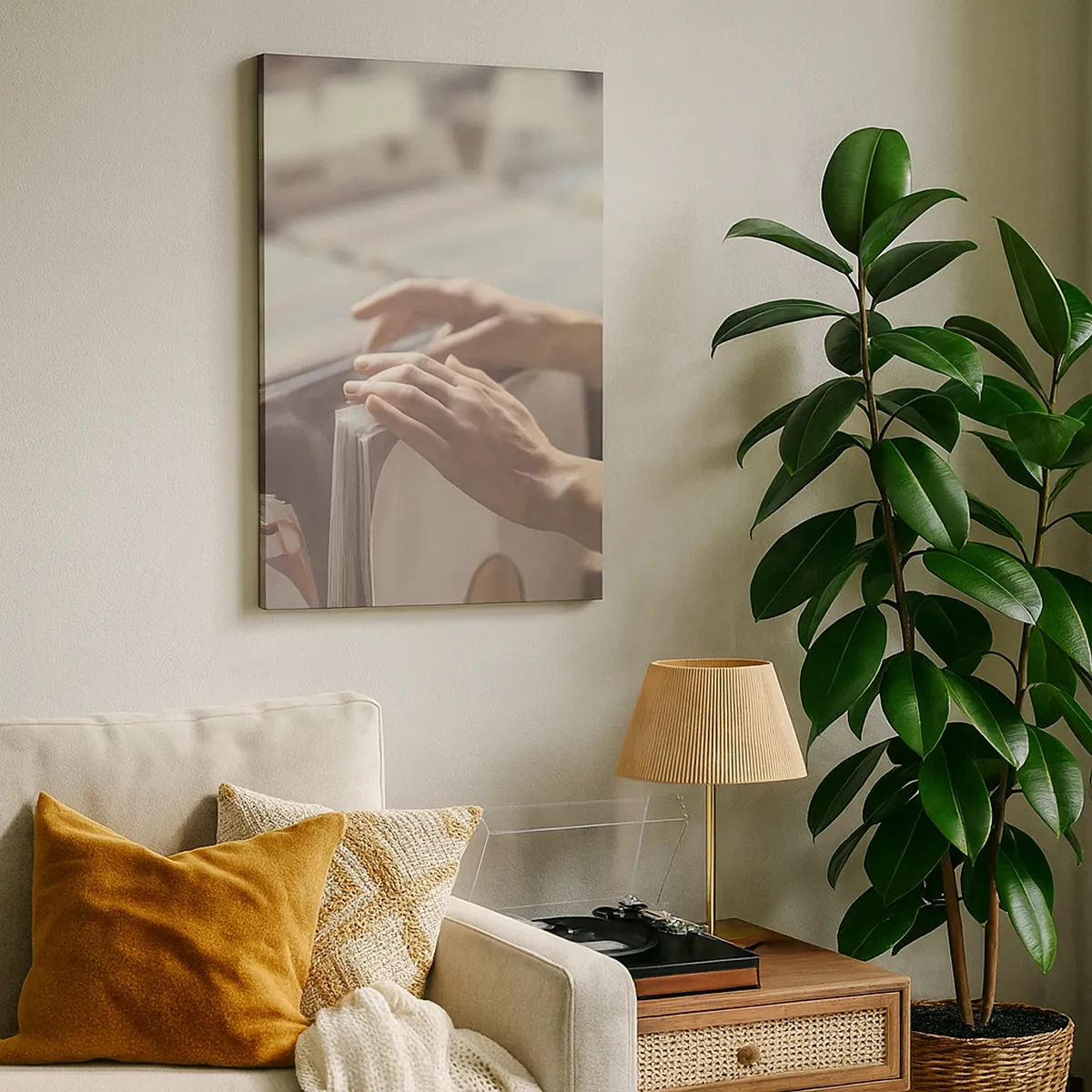 Obraz na płótnie - Ręce przeszukujące winylowe płyty w sklepie muzycznym - 50x70cm - W poszukiwaniu wzruszeń - Nowoczesna dekoracja ścienna do salonu, kuchni i sypialni ARTTOR