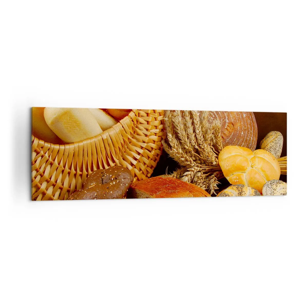 Obraz na płótnie - Różnorodne pieczywo w wiklinowym koszu na tle złotym - 160x50cm - Znowu się nam upiekło - Nowoczesna dekoracja ścienna do salonu i sypialni ARTTOR